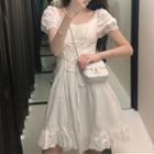 Puff-sleeve Lace-up Frill Trim Mini A-line Dress