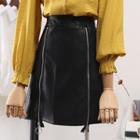 Faux Leather Dual-zipper A-line Skirt