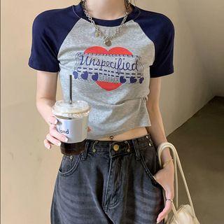 Lettering Heart Print Cropped Ringer T-shirt