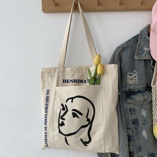 Lettering Face Print Tote Bag Off-white - One Size