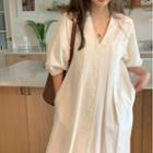 Puff-sleeve Button-up Maxi Shift Dress