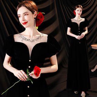 Puff-sleeve Mesh Panel A-line Evening Gown