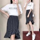 Set: Lettering Short-sleeve T-shirt + Plaid Skirt