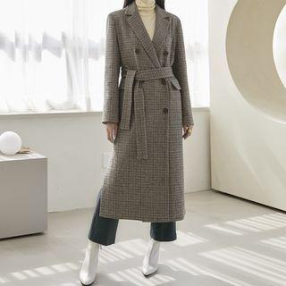Double-breasted Long Plaid Coat With Sash Brown - One Size