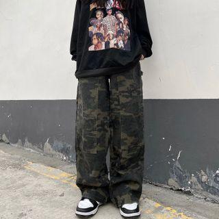 High Waist Camo Print Wide Leg Jeans