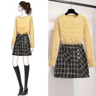 Faux Pearl Sweater / Plaid Mini A-line Skirt / Set