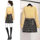 Faux Pearl Sweater / Plaid Mini A-line Skirt / Set