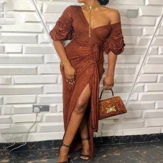 V-neck Puff-sleeve Side-slit Evening Dress