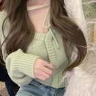 Long-sleeve Square-neck Knit Top Green - One Size