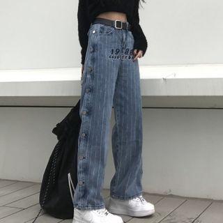 Striped Lettering Straight Leg Jeans
