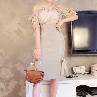 Set: Open Shoulder Short-sleeve Top + Midi Skirt
