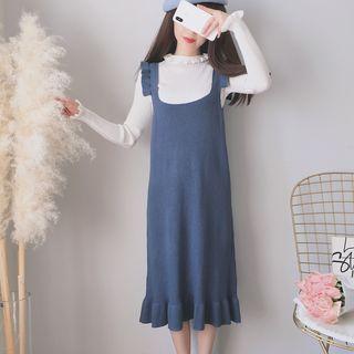 Set: Ruffle-trim Long-sleeve Knit Top + Midi Pinafore Dress
