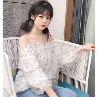 Off-shoulder Floral Print Elbow-sleeve Blouse