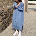 Long-sleeve Side-slit Midi Dress Blue - One Size