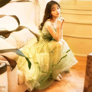 Mesh Panel Spaghetti Strap Midi A-line Skirt