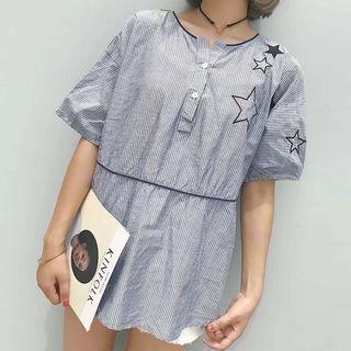 Star Embroidered Striped Short-sleeve Blouse
