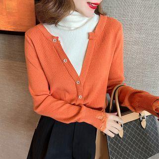 Mock Two-piece Turtleneck Ribbed Knit Top