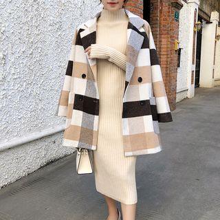 Double-breasted Plaid Coat Plaid - Yellow - One Size