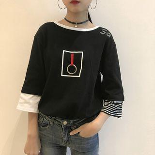 Metal Ring Detail Elbow Sleeve Panel T-shirt