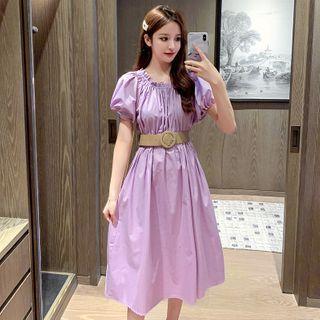 Balloon-sleeve Shirred Midi A-line Dress / Round Buckled Belt