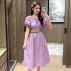 Balloon-sleeve Shirred Midi A-line Dress / Round Buckled Belt