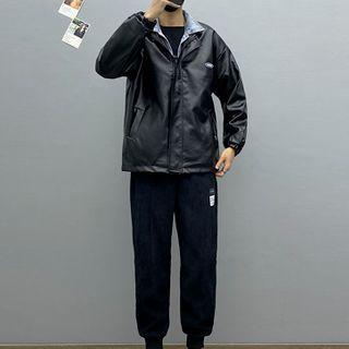 Faux Leather Zip Jacket / Sweatpants / Long-sleeve T-shirt / Set