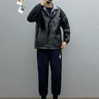 Faux Leather Zip Jacket / Sweatpants / Long-sleeve T-shirt / Set