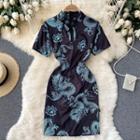 High-neck Print Slit Short-sleeve Dress