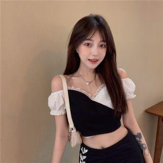 Short-sleeve Two-tone T-shirt / Lace Trim Pencil Skirt