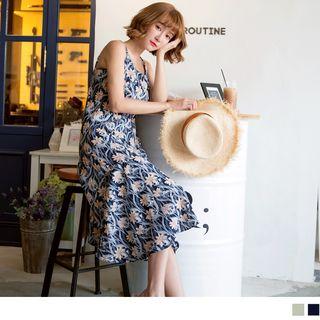 Double Spaghetti-strap Ruffled Hem Print Dress