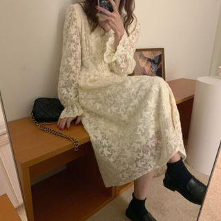 V-neck Lace Midi A-line Dress Almond - One Size