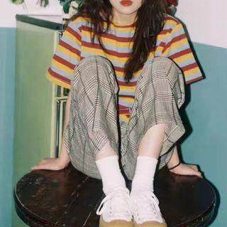 Elbow-sleeve Striped T-shirt / Plaid Pants / Set