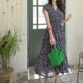 Open-placket Floral Print Dress Navy Blue - One Size