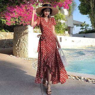 Floral Print Short-sleeve Asymmetric Maxi A-line Dress