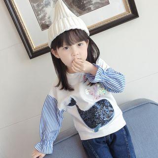 Long-sleeved Crewneck Cartoon Panel Striped Pullover