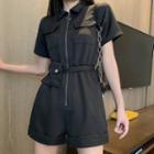 Zip-up Short-sleeve Cargo Playsuit