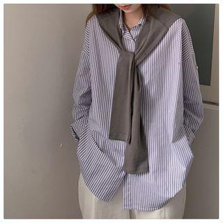 Pinstripe Oversize Long-sleeve Shirt / Plain Scarf