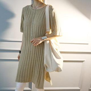 Elbow-sleeve Slit-side Knit Dress