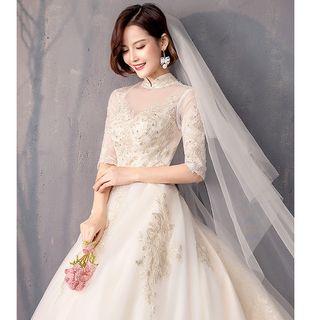 Sequined Elbow-sleeve Ball Gown Wedding Dress