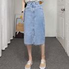 Washed Frayed Denim Midi Pencil Skirt