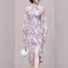 Long-sleeve Floral Printed Slit Dress
