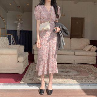 Puff Sleeve V-neck Floral Print Ruched Mermaid Chiffon Dress Pink - One Size