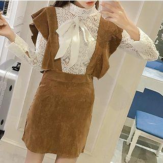 Set : Bow Long-sleeve Lace Top + Frill Trim Corduroy Dress