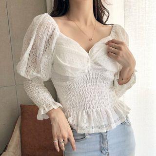 3/4-sleeve Lace Panel Smocked Top