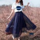 Short-sleeve T-shirt / Patterned Mesh Overlay Midi Skirt / Set