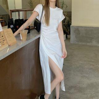 Plain Slit Short-sleeve Dress White - One Size