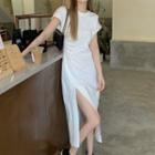 Plain Slit Short-sleeve Dress White - One Size