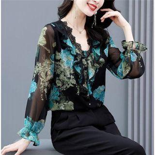 Long-sleeve Floral Print Lace Trim Chiffon Blouse