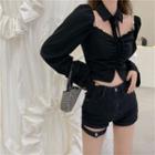 Long-sleeve Off-shoulder Slim-fit Cropped Blouse / Denim Hot Pants
