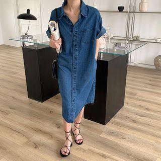 Denim Short-sleeve Midi Shirtdress Denim Blue - One Size